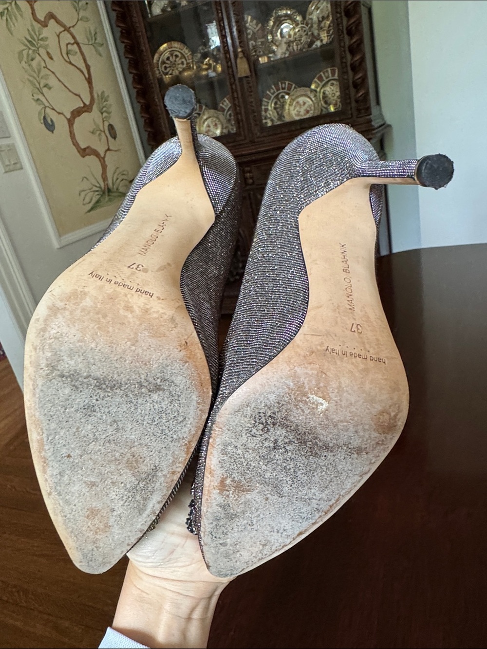 Manolo Blahnik Hangisi Silver Embellished Women's Pumps 37 - Picture 10 of 13